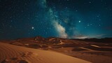Desert's Starry Night Sky: Stars shine over sandy dunes, amidst Saharan adventure Yellow hues blend with night clouds, under setting sun