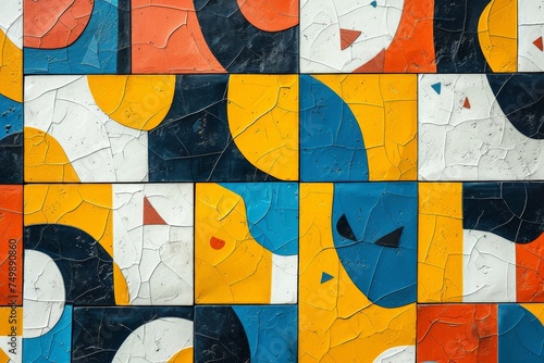 Colorful abstract tiles in blue, orange and yellow color scheme on the building wall with vibrant geometric patterns