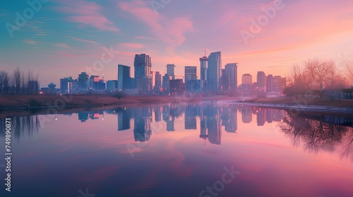 City skyline with sunset and night views, reflecting on the river, featuring architectural landmarks and buildings against the backdrop of the sky, clouds, and sunrise © Ubix