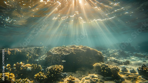 Underwater scene with rays of light, rays, marine life, and vibrant blue colors amidst sandy ocean floor photo