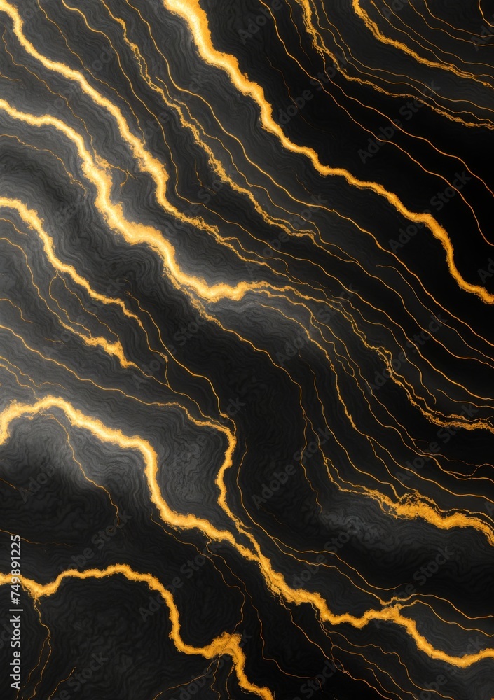 Luminous golden ribbons meandering on a luxurious black marbled canvas 