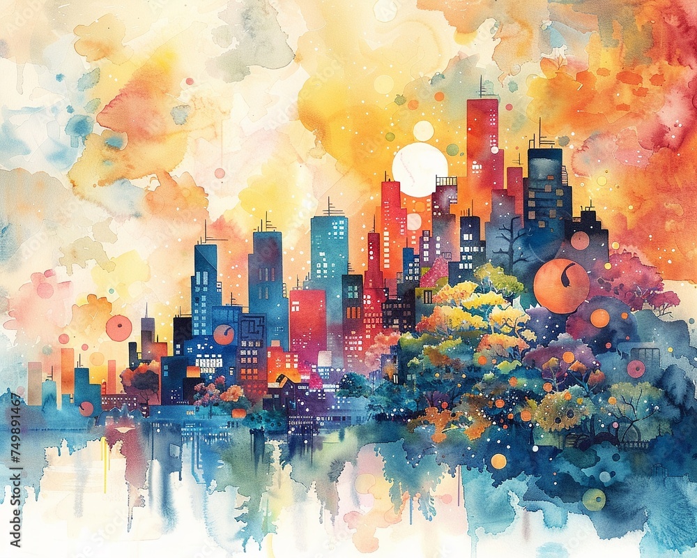 Visualize a watercolor painting of a futuristic city powered by fruitbased energy