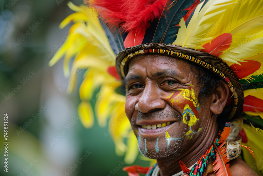 a man with a colorful headdress and feathers on his head