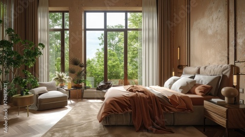 Stylish bedroom interior with big window wall and double elegant bed