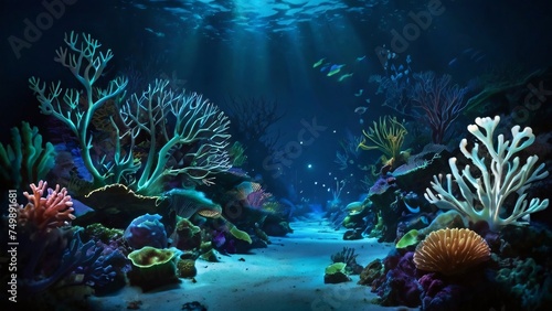 Underwater world with breathtaking colorful fish  corals and other beautiful underwater creatures  the moon shimmers through the water
