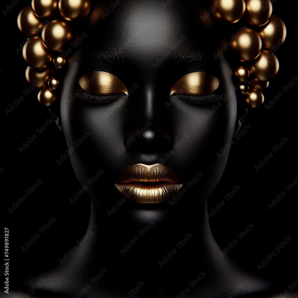 Black woman face with golden make-up and pearls on black background Black woman face with golden make-up and pearls on black background