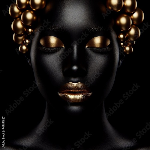 Black woman face with golden make-up and pearls on black background 