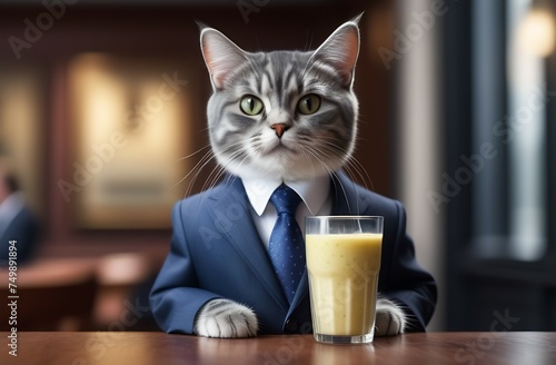 Businessman cat in suit sits with glass of detox drink or smoothie, concept of dietary nutrition and healthy lifestyle