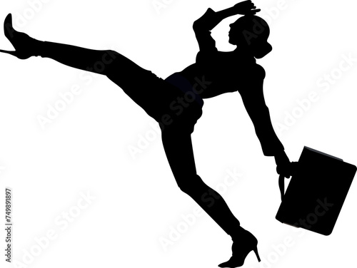 A black silhouette of a girl with a suitcase exudes confidence and style, representing a vector illustration of a fashionista and businesswoman. Her stride symbolizes activity and energy