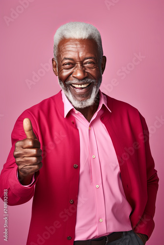 An elderly handsome man showing a thumbs up gesture photo