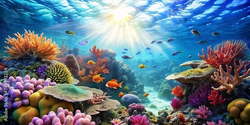 Underwater world with breathtaking colorful fish, corals and other beautiful underwater creatures, the moon shimmers through the water photo