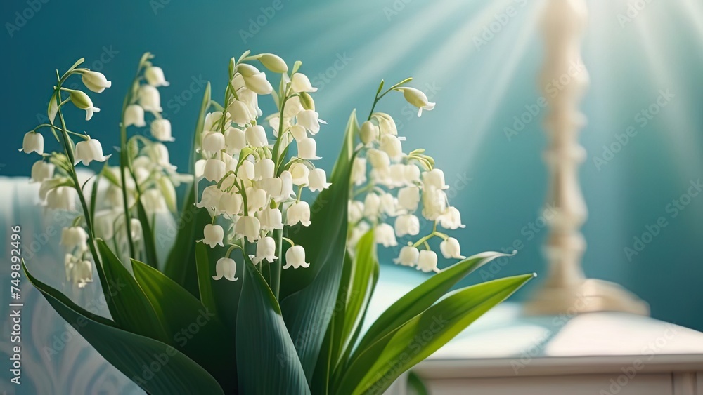 lilies of the valley on a blue background. 1 may. France. invitation card, poster lilies of the valley on a blue background. 1 may. France. invitation card, poster