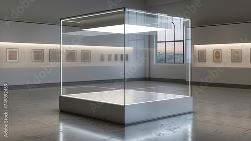 empty room with glass square display case for an art exhibition with wooden parquet floor photo