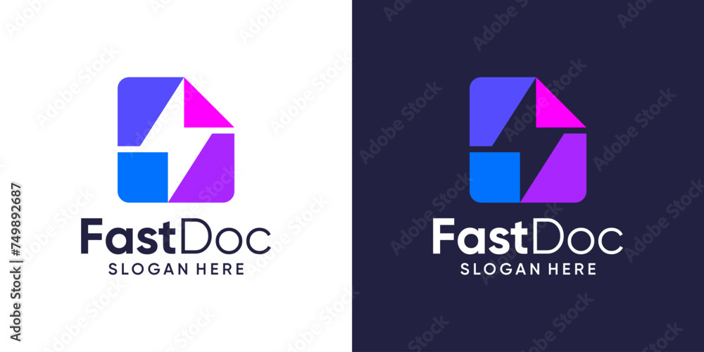 Naklejka premium Fast doc logo design template. Document with lightning bolt graphic design vector. Symbol, icon, creative.