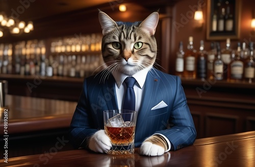 businessman cat in suit sits in luxurious bar and holds glass of whiskey with ice, concept of fatigue, rest and relaxation at end of working day