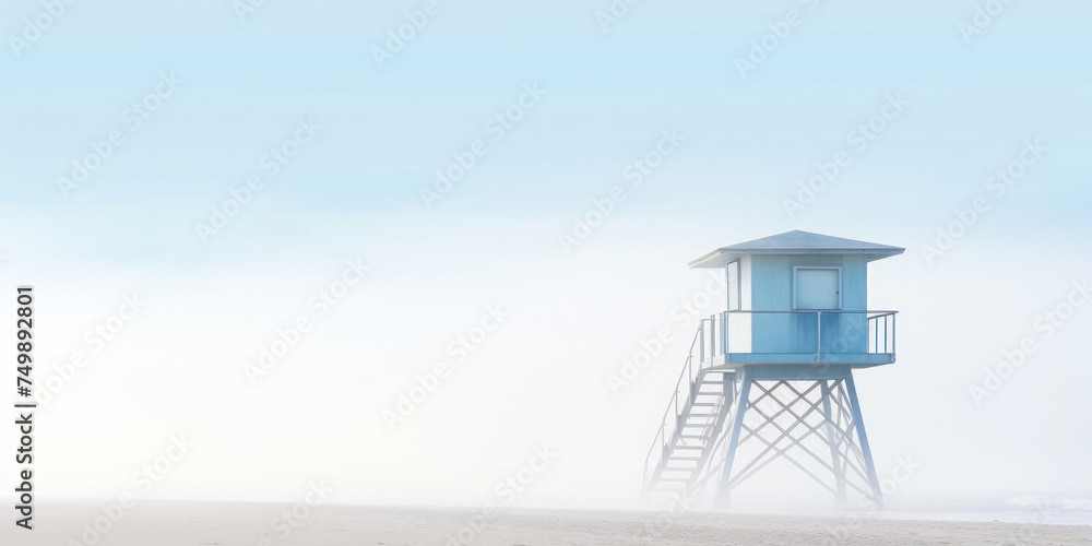 Lifeguard Tower in a white mist on a beach of seaside. Lonely landscape with watchtower. Generative AI Lifeguard Tower in a white mist on a beach of seaside. Lonely landscape with watchtower. Generative AI