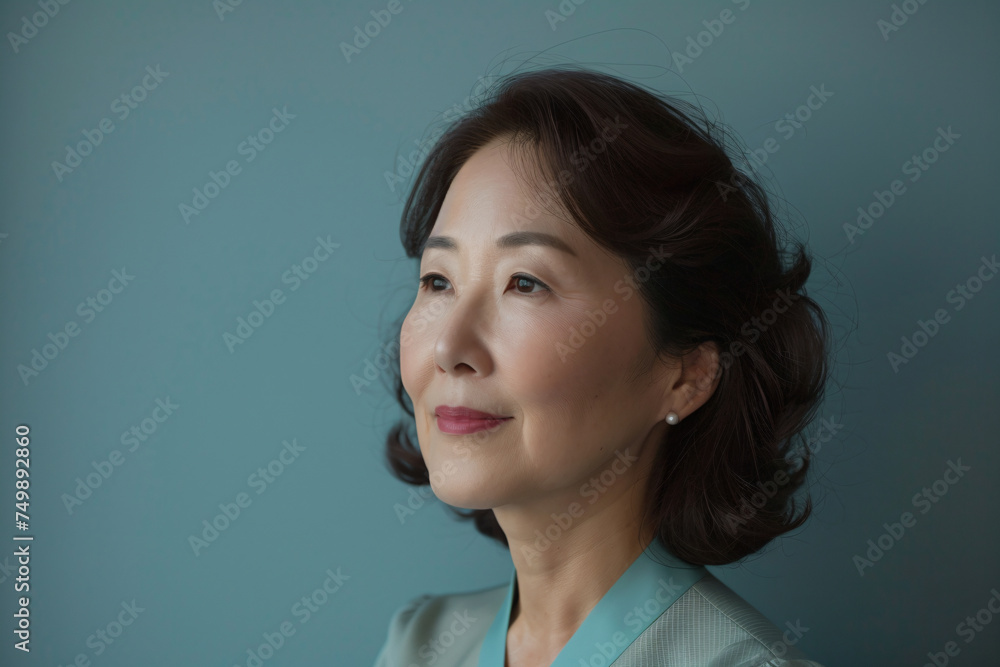 Fototapeta premium a woman with a blue shirt and a green shirt
