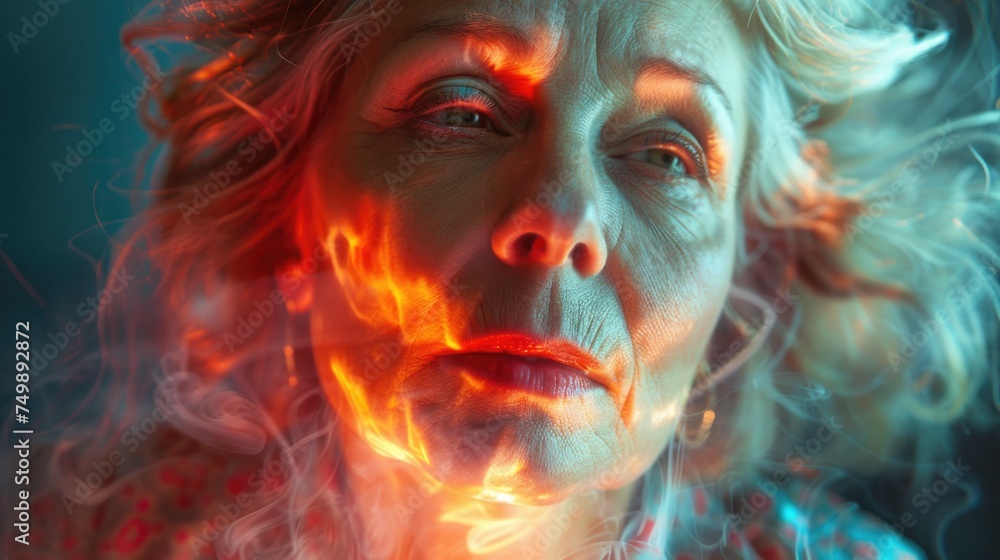 Image of a middle-aged woman in menopause with hot flashes and hormonal thermoregulation failures.