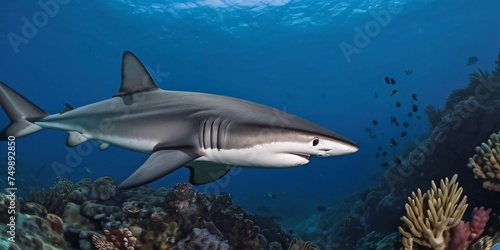 A great white shark  swimming in harmony with other fish  corals and other sea creatures