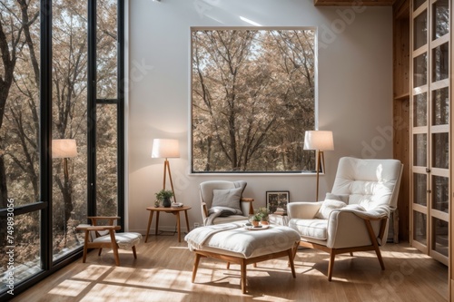 Modern cozy room featuring a comfortable armchair by a spacious window and tree artwork 