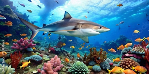 A great white shark, swimming in harmony with other fish, corals and other sea creatures