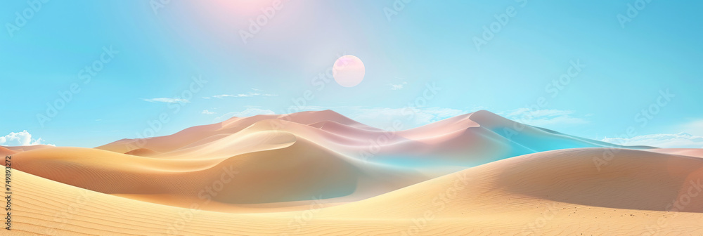 a brown sand dunes in the desert on blue sky background, appropriate for travel magazines, blog headers, website backgrounds, or desert themed contras designs.banner - obrazy, fototapety, plakaty 