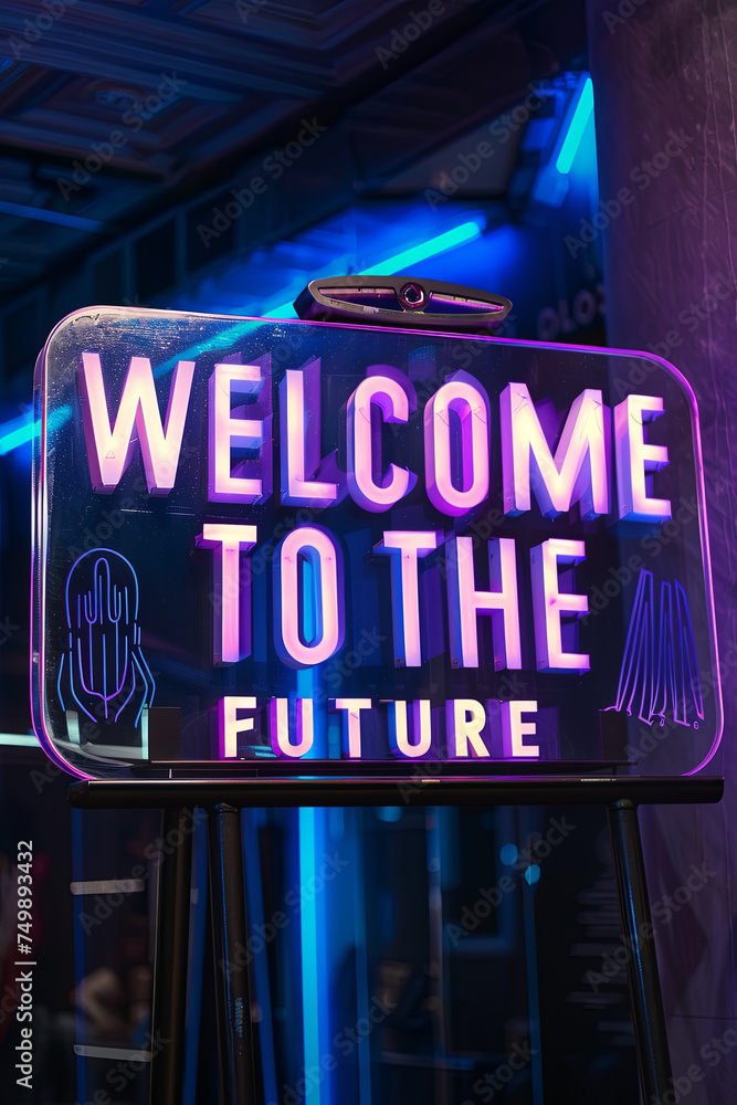Welcome To The Future sign on a futuristic background