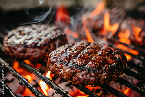 Delicious burger meat on a hot, burning grill. First summer barbecue concept banner.