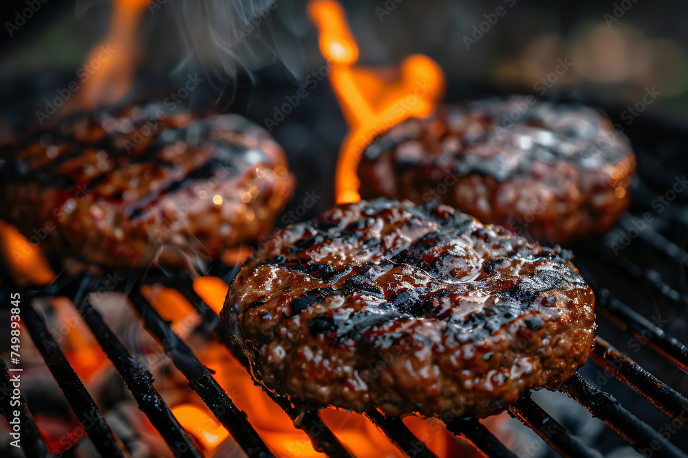 Delicious burger meat on a hot, burning grill. First summer barbecue concept banner. Delicious burger meat on a hot, burning grill. First summer barbecue concept banner.