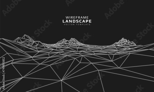 Wireframe landscape. Futuristic 3d mesh background. Digital polygonal hills technology. Vector illustration.