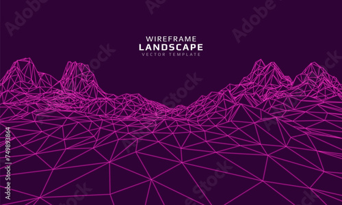 Wireframe landscape. Futuristic 3d mesh background. Digital polygonal hills technology. Vector illustration.