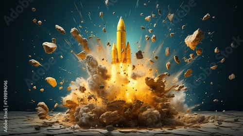 Yellow pencil rocket breaking through hole from obstacle wall to blue zone background minimal style.