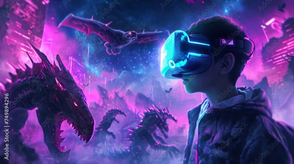 In a world where fantasy meets technology, a gamer in VR glasses is immersed in an epic battle with virtual dragons. In a world where fantasy meets technology, a gamer in VR glasses is immersed in an epic battle with virtual dragons.