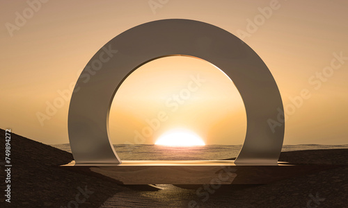 Gate, glossy portal with empty podium. 3d render illustration. Architectural composition on surreal landscape with water. Pedestal with abstract glass, mirror shapes and nature sand