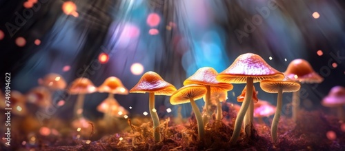 Mushroom. Fantasy Glowing Mushrooms in mystery dark forest close-up © danang