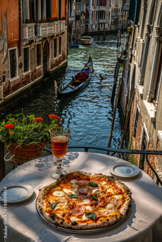 Neapolitan pizza and a glass of wine on a terrace in Venice © Ana
