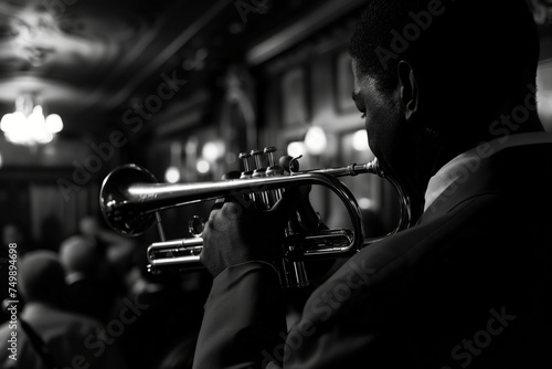 A man playing a trumpet in a dark room