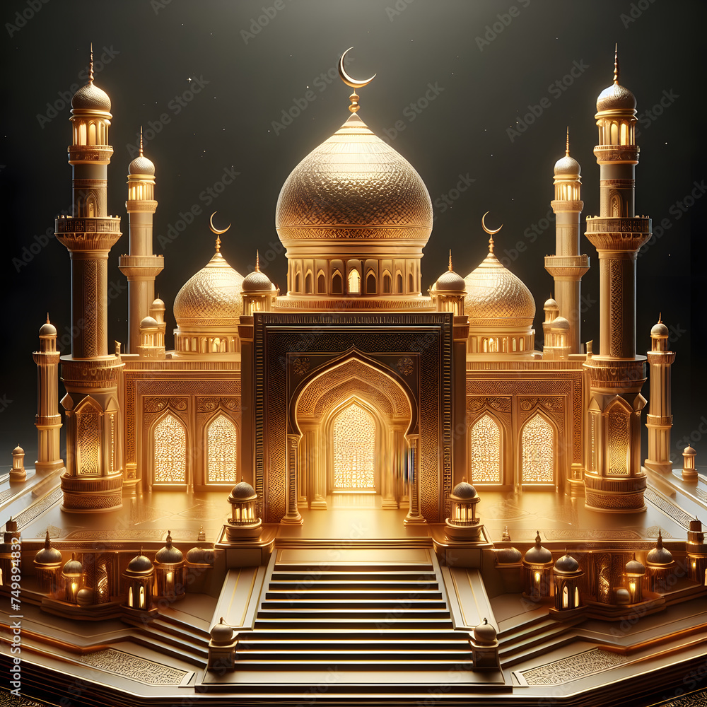 3d gold mosque ramadan design, Eid mubarak, Arabic architecture, 3d design 
