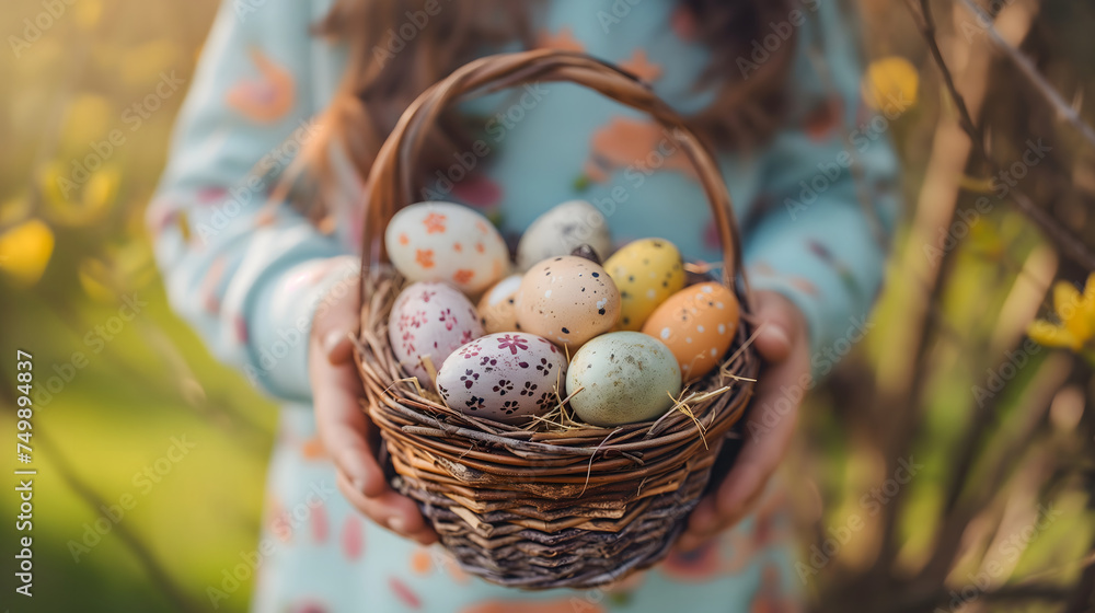 Close-up of a girl's hands is holding a basket full with pastel colorful Easter eggs with cute patterns on blurred background. Close-up of a girl's hands is holding a basket full with pastel colorful Easter eggs with cute patterns on blurred background.