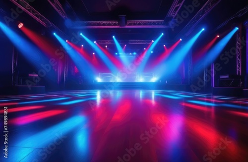 Empty nightclub in multicolored lighting with stage and smoke
