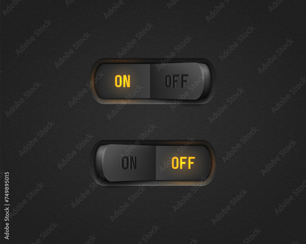 Realistic toggle switch. Black switches with backlight, on/off - position. Vector illustration. Realistic toggle switch. Black switches with backlight, on/off - position. Vector illustration.