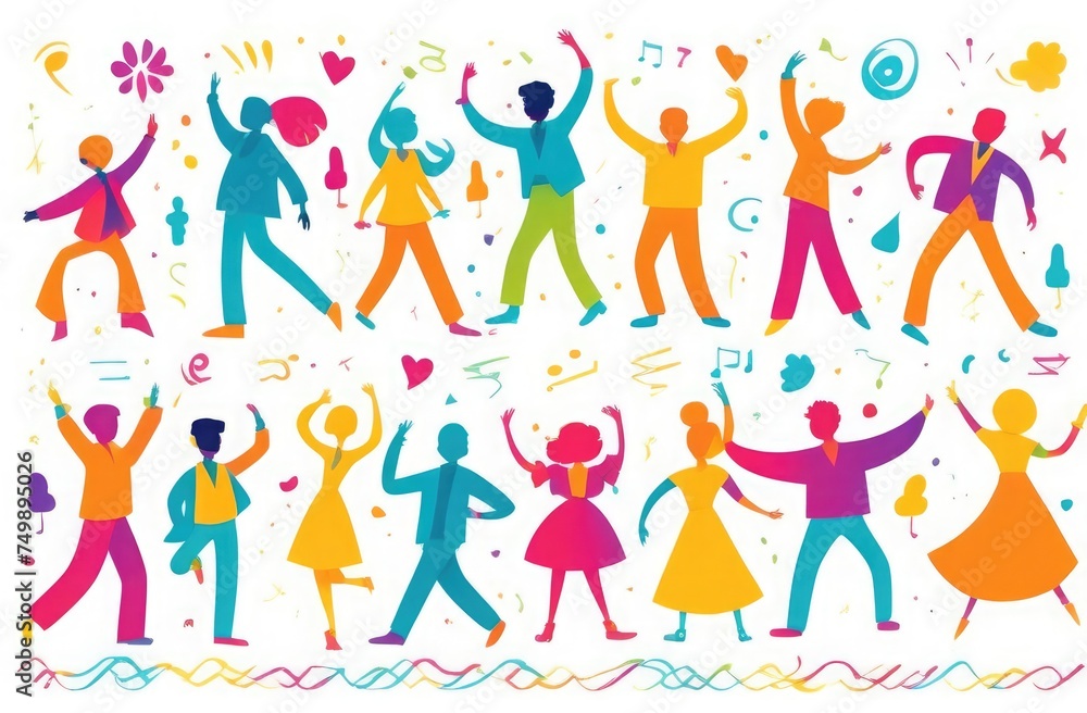 Illustration of silhouettes of dancing people in different colors with different symbols