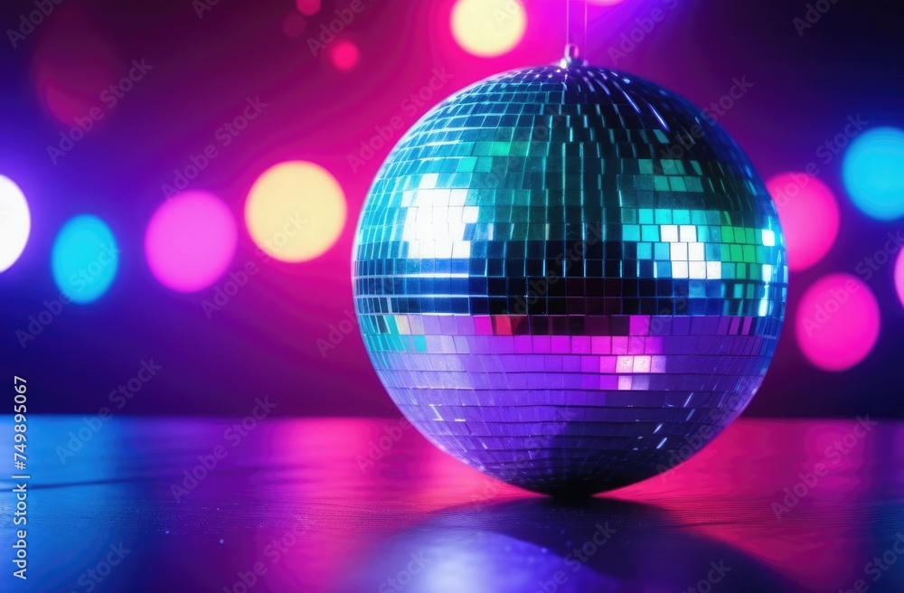 Disco ball in a club in multi-colored lighting Disco ball in a club in multi-colored lighting