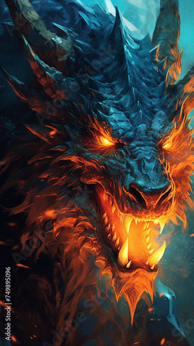 An intense illustration of a fierce dragon with glowing eyes and a body emanating flames, set against an abstract background