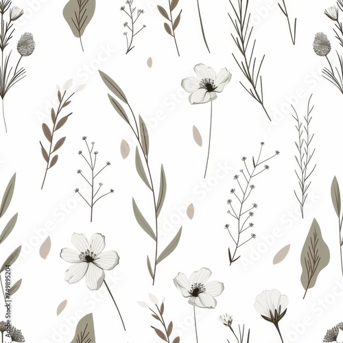 A seamless pattern of neutral-toned florals and foliage, merging minimalistic beauty with organic elegance for versatile design use.