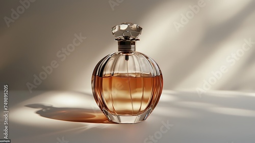 A luxurious perfume bottle bathed in a soft, sunlit glow, highlighting the exquisite design and the warm amber essence within