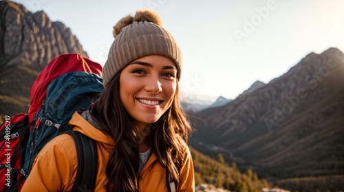 Overjoyed Female Beanie Backpack Mountain Range View © Fred