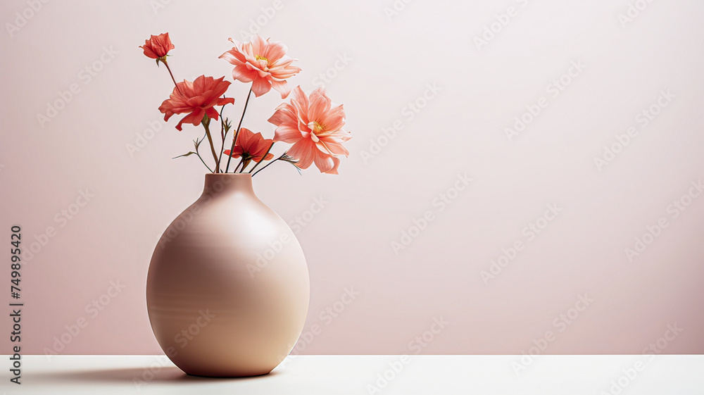 Subtle salmon and white backdrop, clean space, pastel vase, and vibrant orange blooms.
