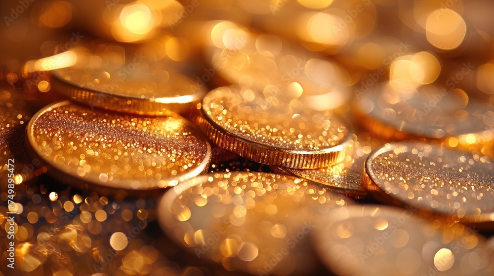 A macro photograph capturing the rich texture and radiant sparkle of golden coins, symbolizing abundance and prosperity A macro photograph capturing the rich texture and radiant sparkle of golden coins, symbolizing abundance and prosperity