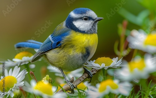 Perched Blue Tit Surrounded by White Daisies